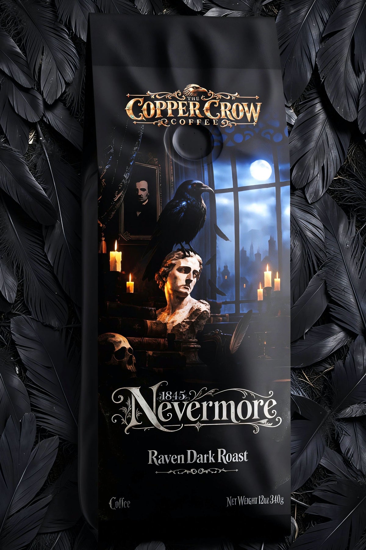 Nevermore Raven Dark Roast coffee resting on black raven feathers