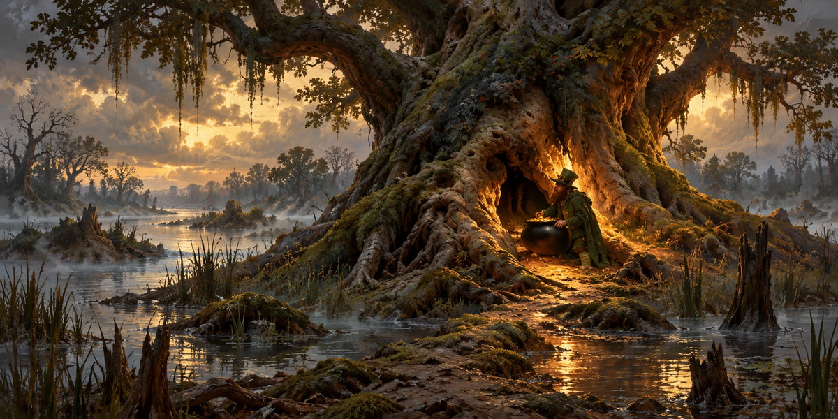 A green-coated keeper with a buckled hat guards gold at the roots of a hollow tree on a southern marsh island.