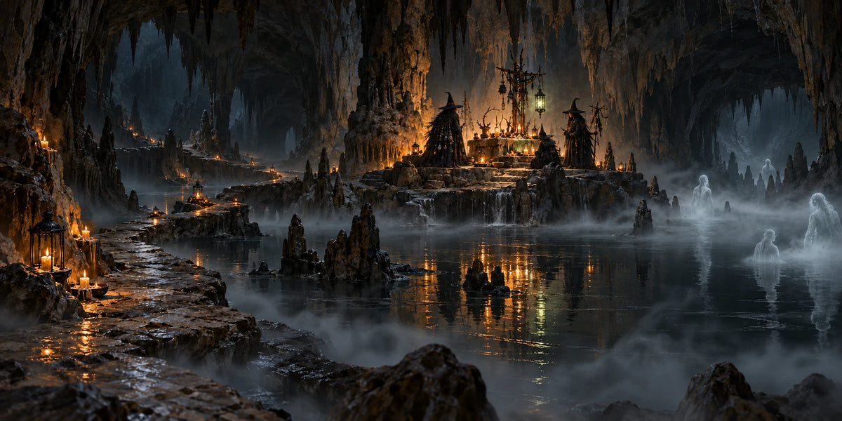 Dark flooded caverns with candlelit crossings, trinket-robed witches and pale water ghosts.