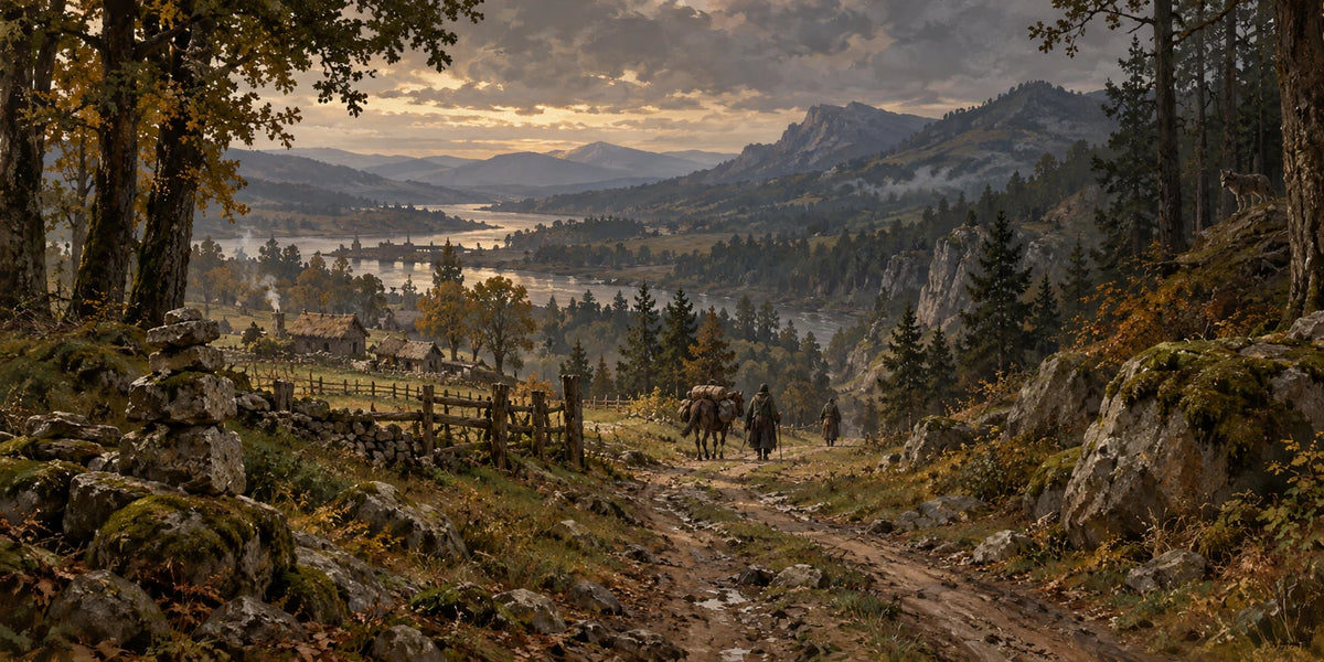 The Eastroad winding through woods toward rocky eastern hills with travellers and a pack mule.