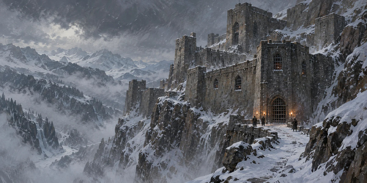 Fangelburg prison, a weather-beaten stone fortress among frozen northern cliffs.