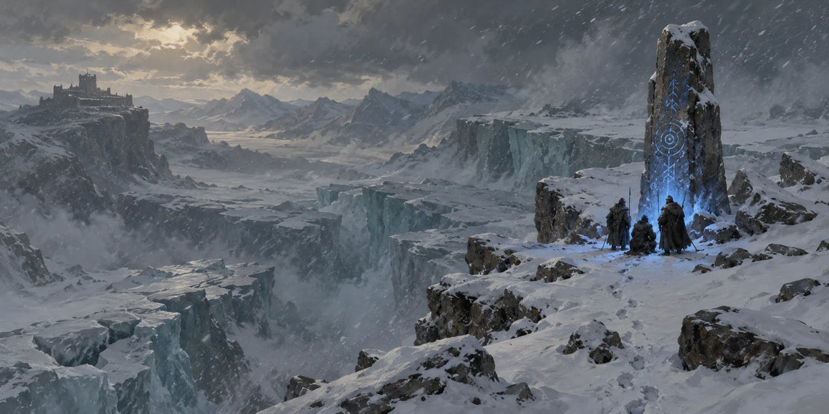 Báknsíðastr, the Last Witch Beacon, sheltering travellers with a soft blue light beside a shattered ice shelf.