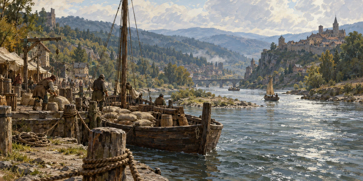 The Marchwater River beside a medieval quay with a loaded wooden cargo barge.