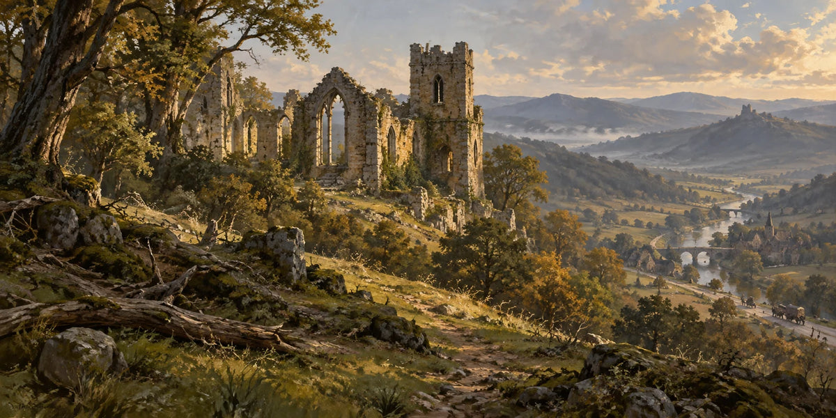 Oakridge Hall, a roofless ruined stone manor on a wooded hillside overlooking the valley.