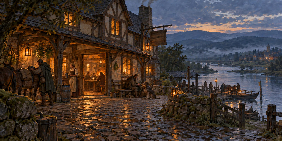 Southmere Inn at blue hour, a welcoming timber and stone inn with warm windows beside a small riverside quay.