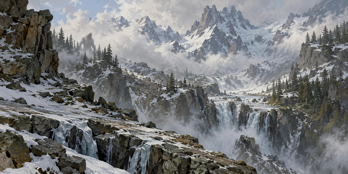 Stonespine Heights, jagged snowy mountains and cloud-shrouded headwater ravines.