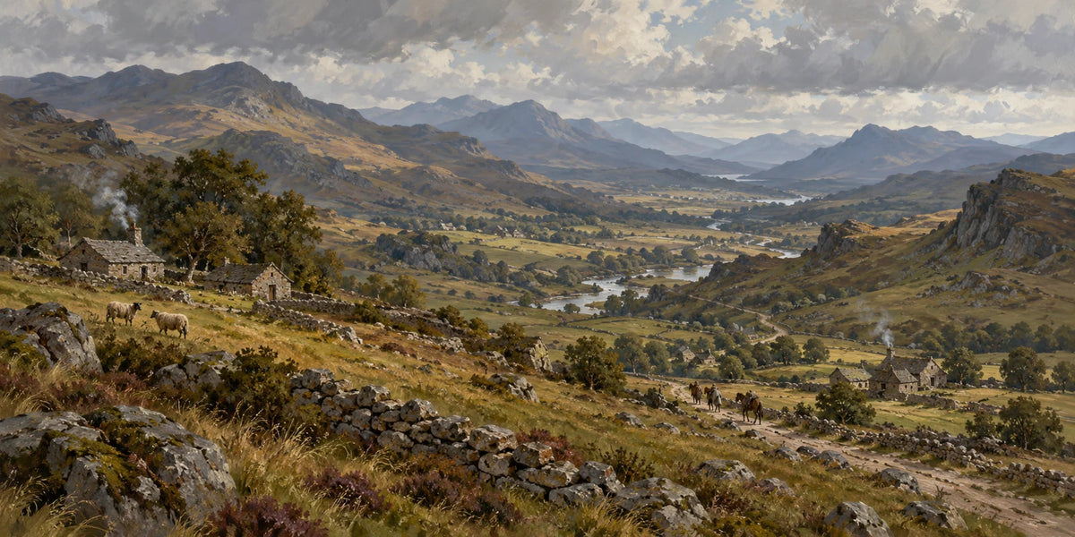 Western March Valley, a remote medieval upland valley with a winding pack road and scattered shepherd holdings.