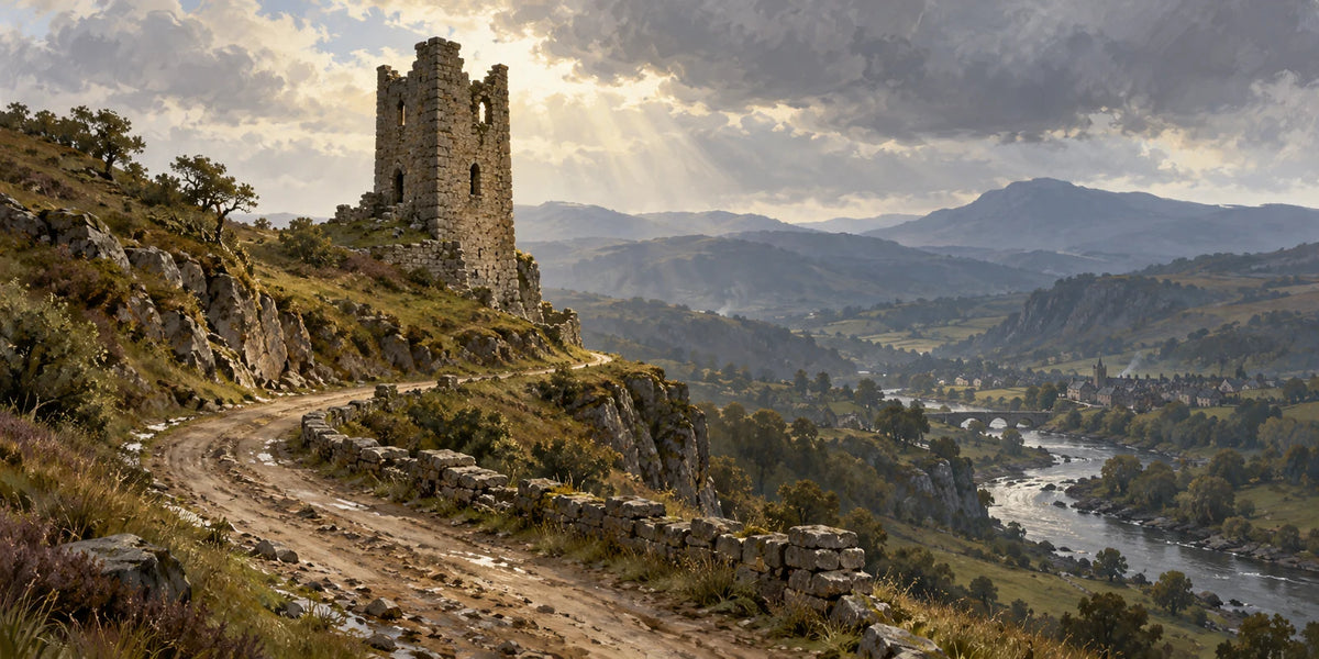 Westroad Watchtower, a solitary roofless stone lookout beside a winding hill road.