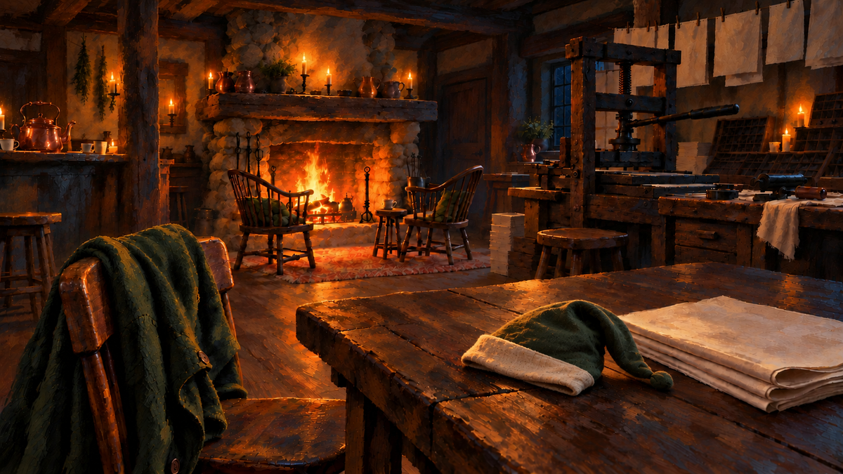 The Copper Crow interior, with a glowing hearth, two fireside chairs, a working hand press, and coffee and folded papers on the table.