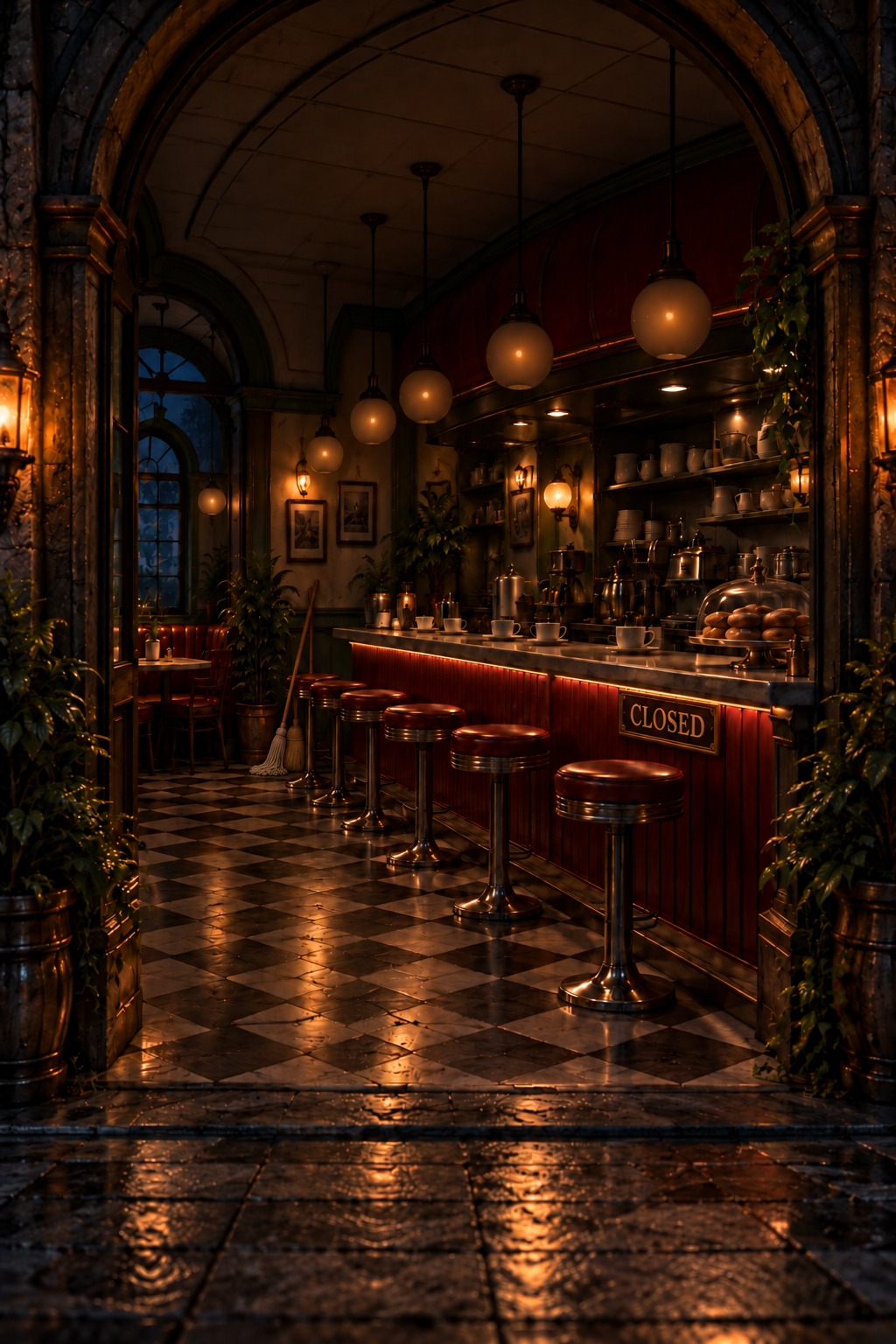 A warmly lit diner counter beneath brass globe lamps, with red stools, cups and a checkered floor.