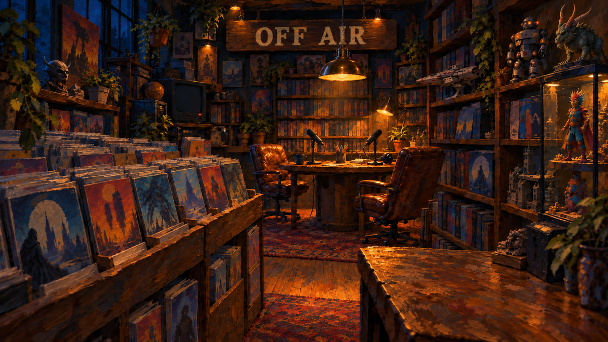 An imagined comic shop and video store with collectible figures, VHS shelves, glowing lamps, CRT screens and an empty two-microphone podcast desk.