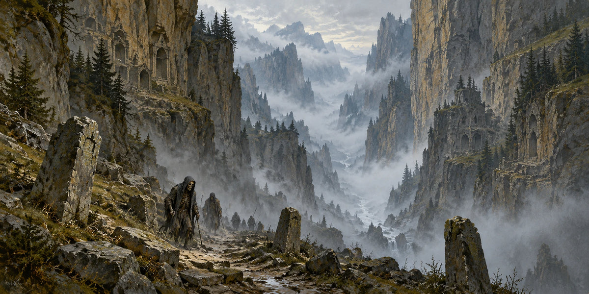 A spectral procession follows a burial road through the mist beneath steep southeastern cliffs.