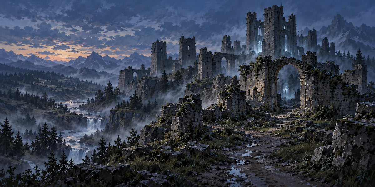 A ghost-haunted ruined castle rises above a rocky river gorge at dusk, with pale figures in broken windows and mist around its walls.