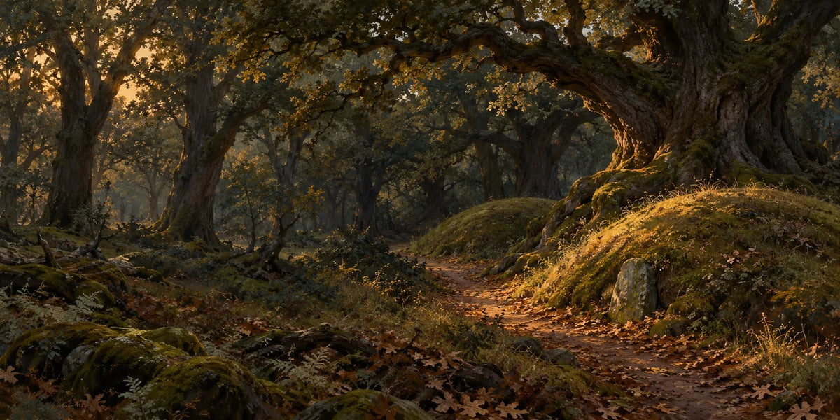 Low mossy mounds lie beneath old oaks beside a dim woodland path.