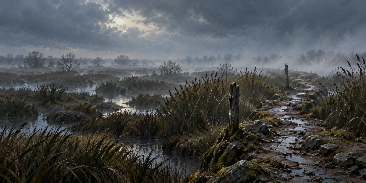 A narrow marked causeway crosses dark reed beds and peat islands under a misty grey sky.