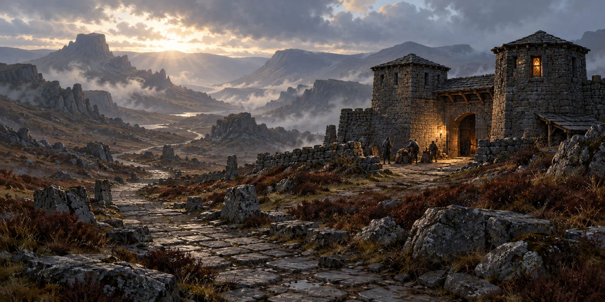 A small dark-stone fort shelters a gathering patrol beside a broken road through rocky hills.