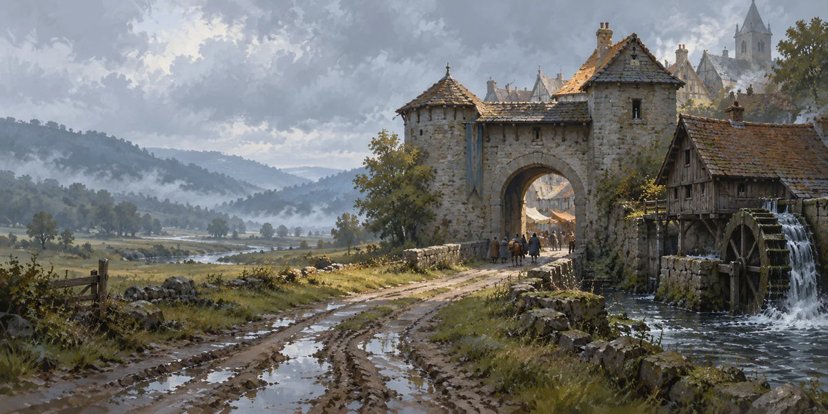 A stone town gate and working watermill face a muddy road through a misty green valley.