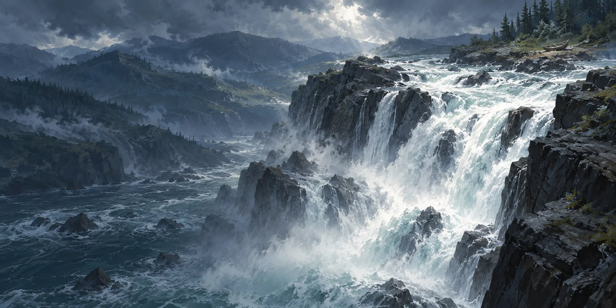 White water tumbles over a broad rocky drop into a mist-filled river valley.