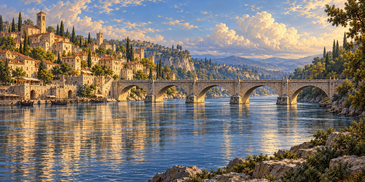 A great high-arched stone bridge leads to sunlit Kingsbridge across a blue-grey river.