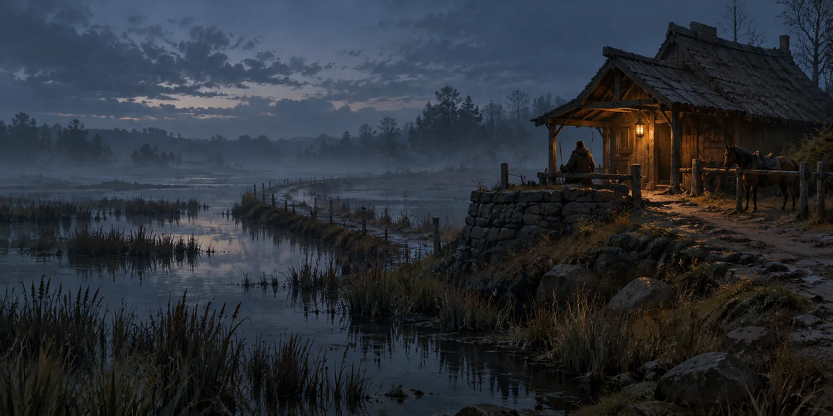A lone lamplit timber shelter stands on firm ground beside a misty reed marsh.