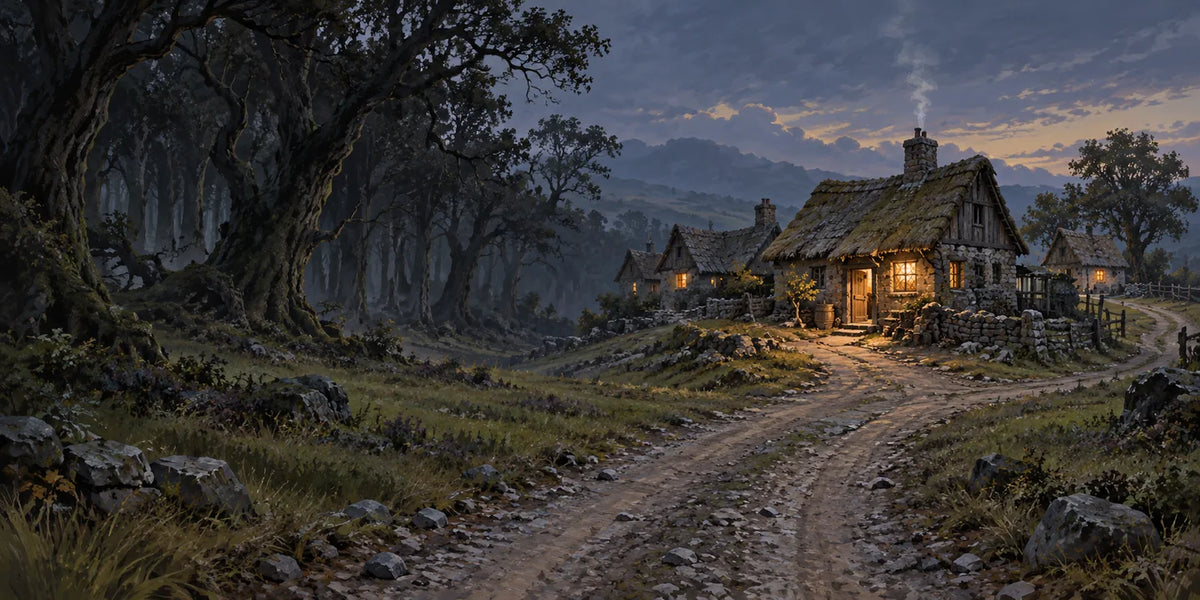 Lamplit cottages stand beside a firm winding road at the edge of a dark wood.