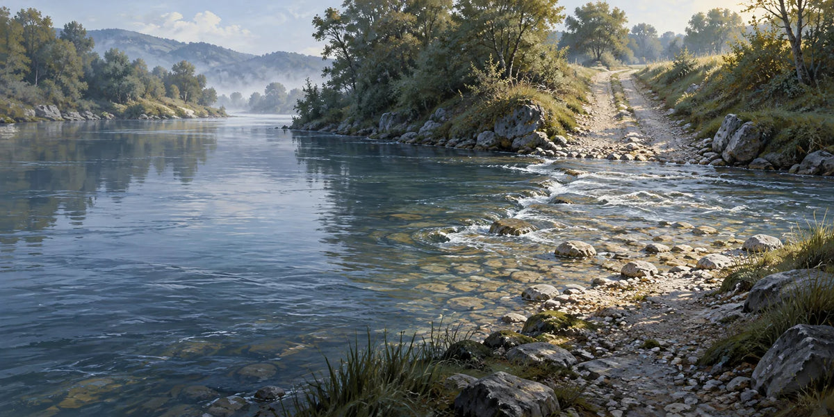 A shallow stony crossing leads from the river towards a sunlit track on the opposite bank.
