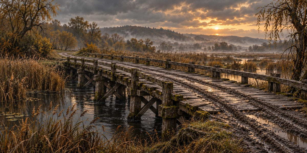 A broad weathered timber wagon bridge crosses reed-lined marsh water beneath a misty sunset.