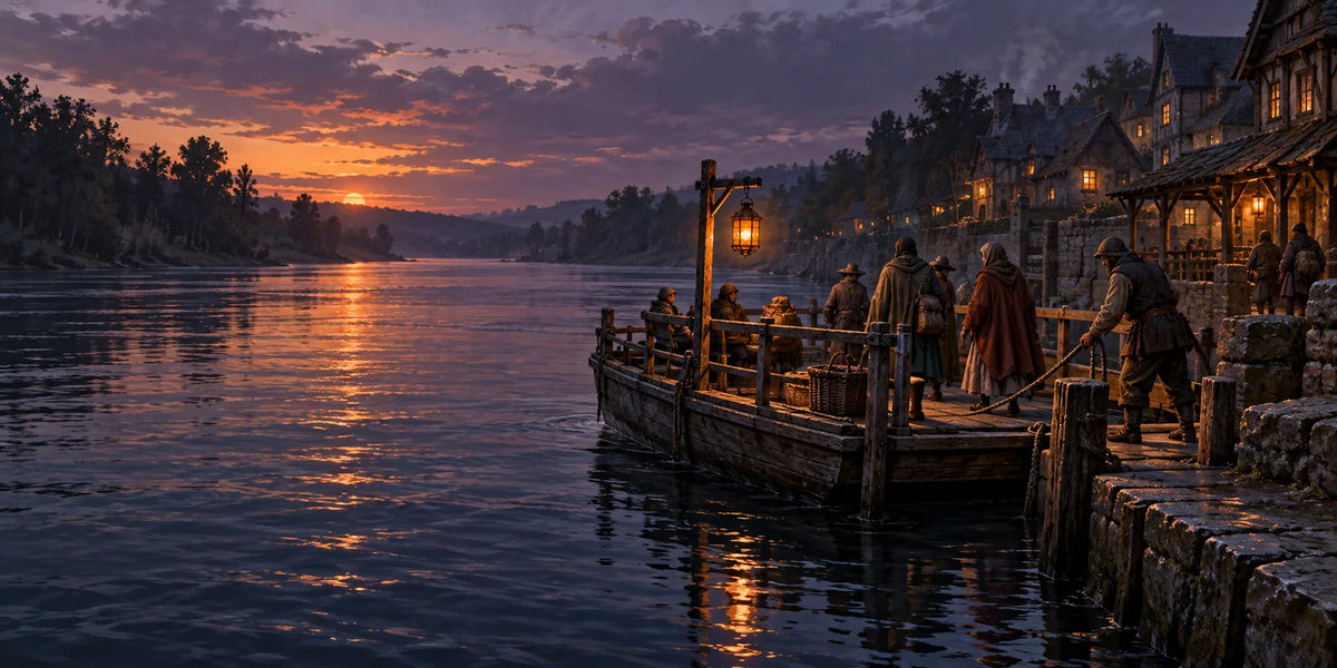 Travellers board a lantern-lit wooden ferry beside a warm riverside quay at sunset.
