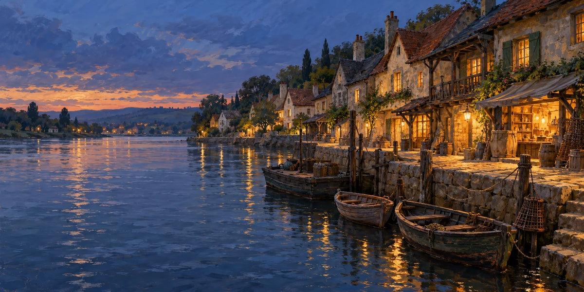 Warm windows and small moored boats line a stone quay beside the river at dusk.
