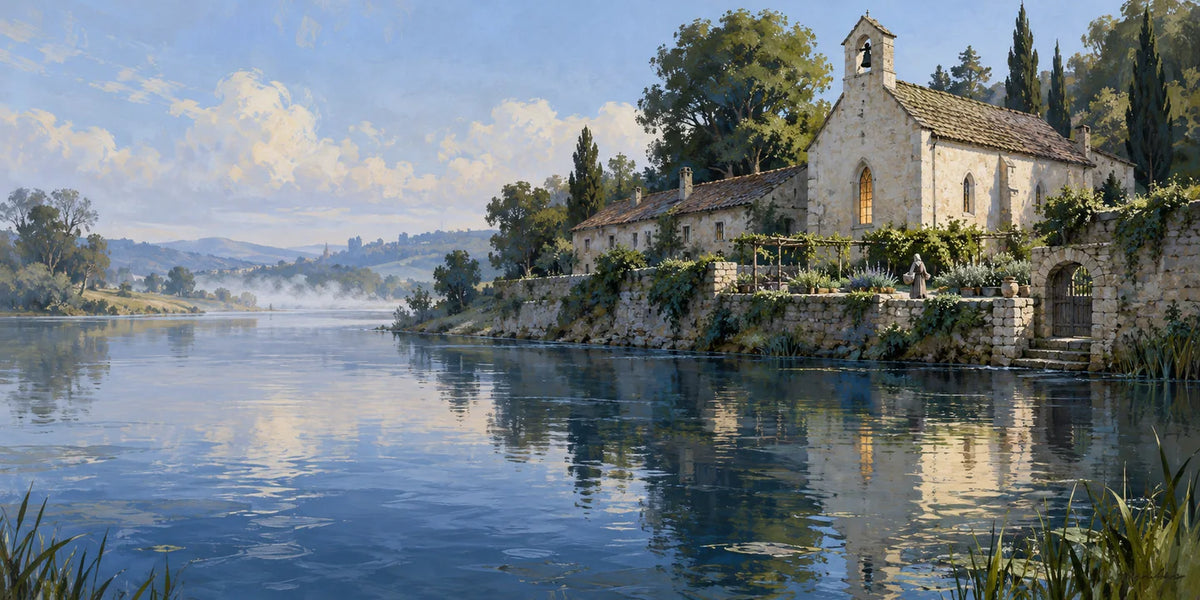 A pale riverside chapel and walled garden catch soft light beside still water.