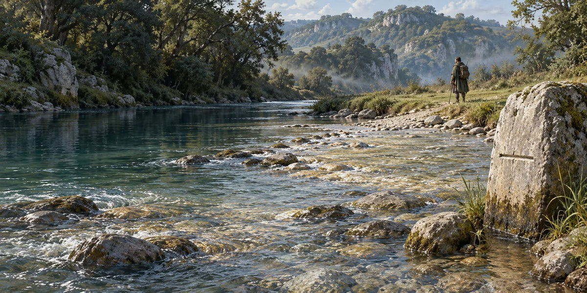 A traveller waits beside shallow river stones and a plain water mark cut into the near-bank rock.