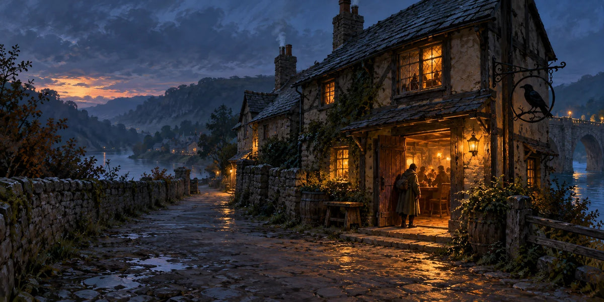 Warmly lit stone-and-timber Copper Crow tavern beside the western approach to Highbridge at dusk.