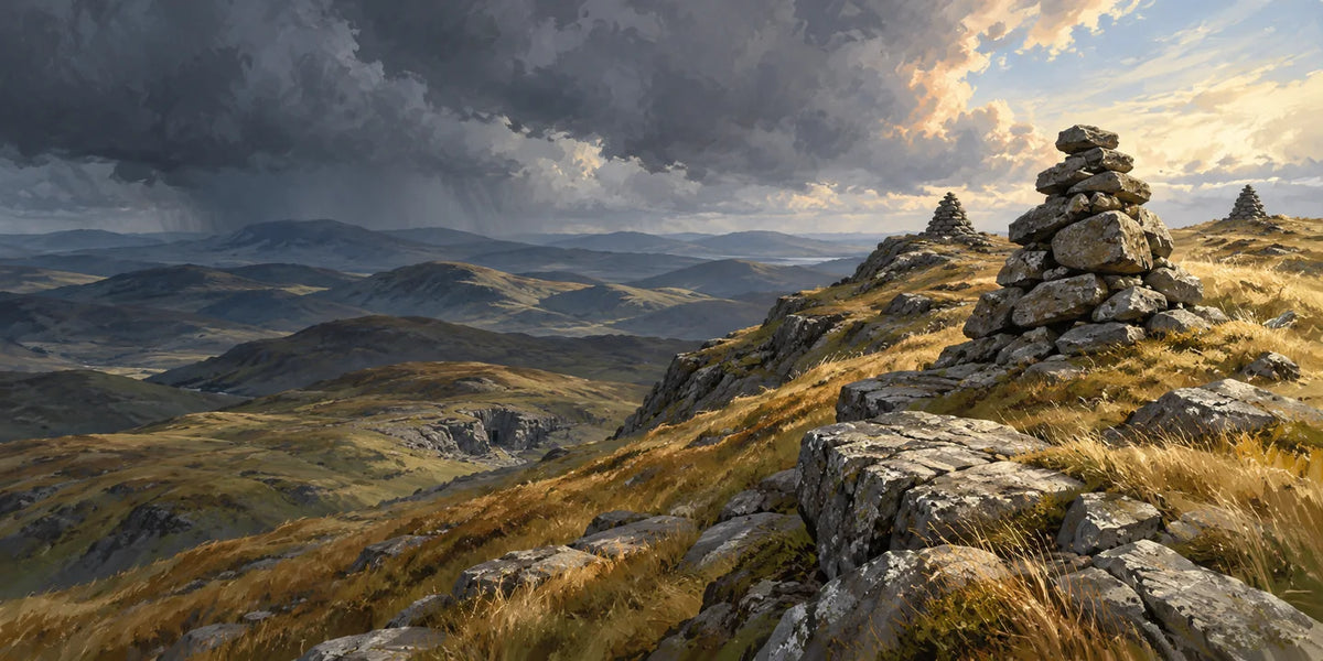 Rough stone cairns overlook broad windswept hills beneath heavy clouds.