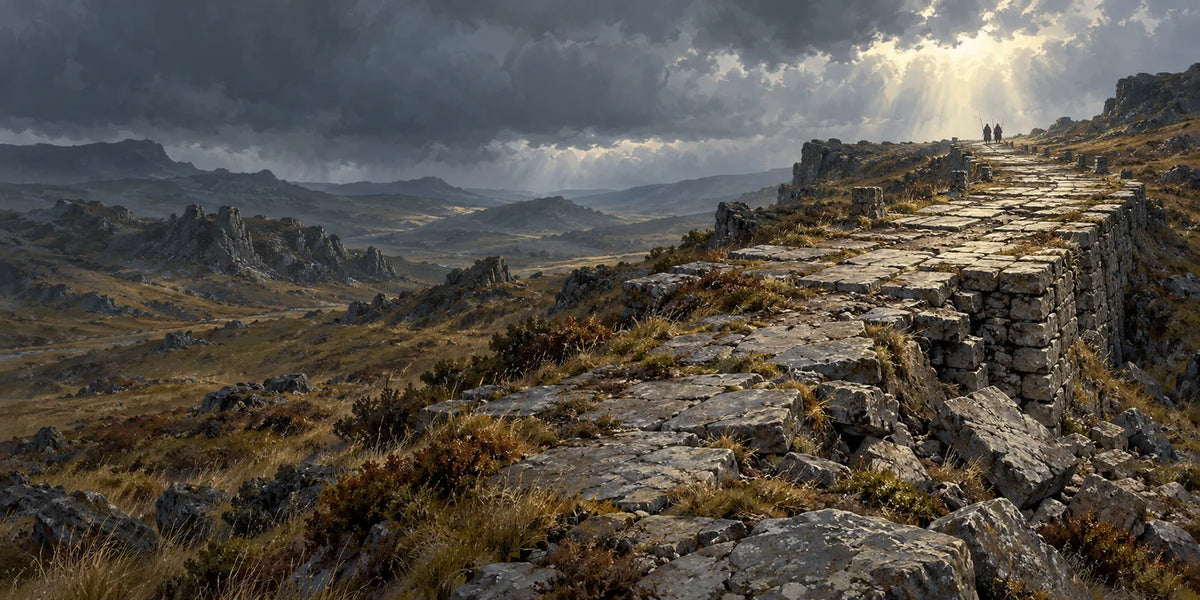 A broken stone causeway crosses a bleak hillside beneath gathering storm clouds.
