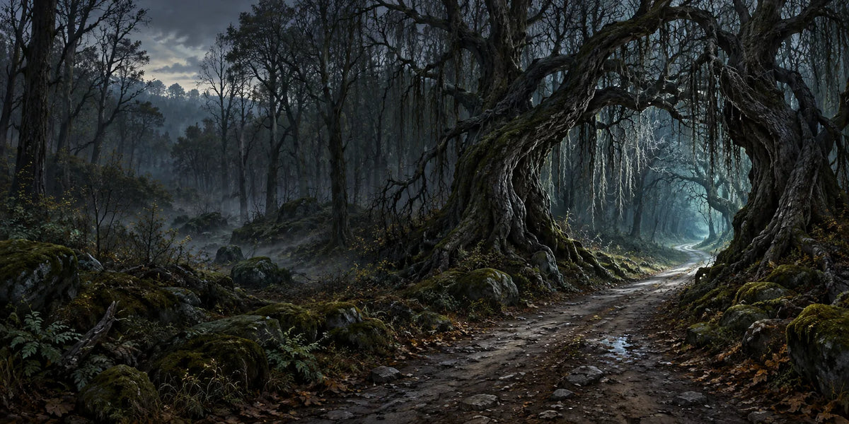 A narrow road passes beneath twisted dark trees towards a pale opening in the wood.