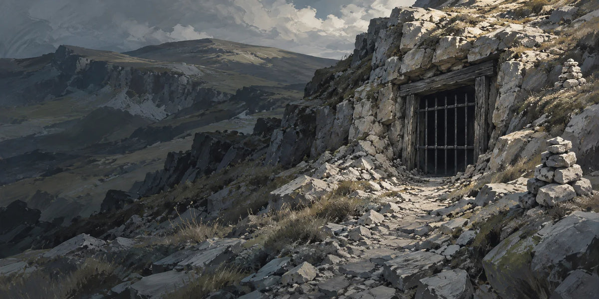 A barred mine entrance opens into pale rocky hillside beside a small stone cairn.