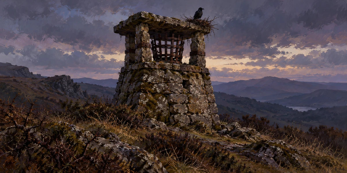 The Nameless Wick: an empty rusted iron basket under an ancient stone cap, a raven and nest above, surrounded by rough scrub with no maintained road.