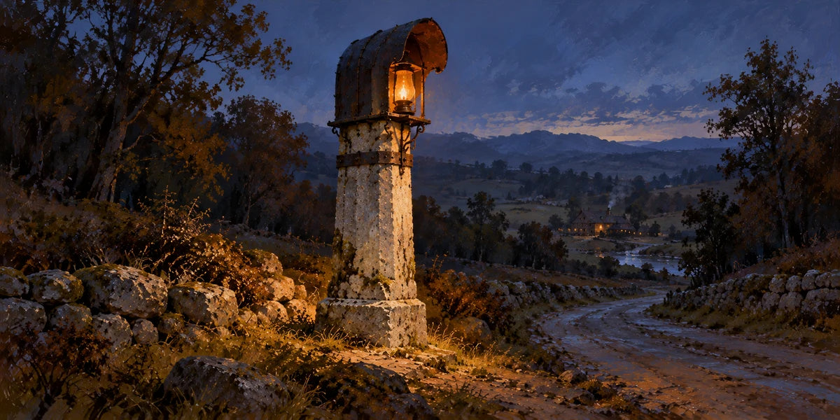 The Widow’s Watch: a warm oil lamp beneath a curved iron hood on a slender stone shaft beside the eastbound road at dusk.