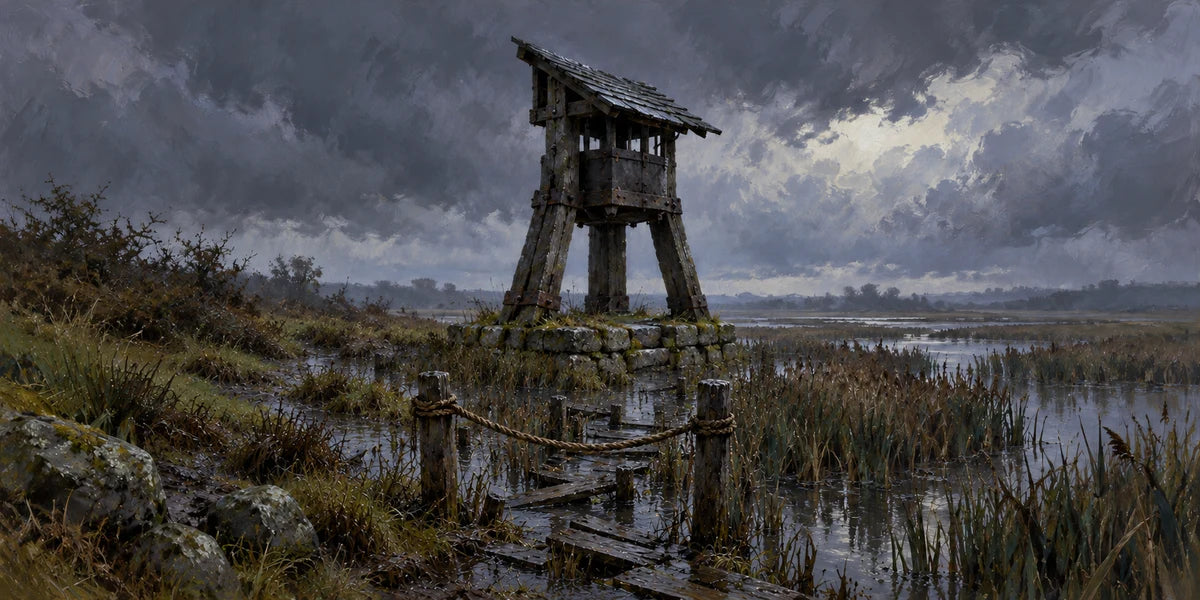 Blackreed’s Eye: a dark timber beacon with a sloping slate roof on the mainland marsh margin, behind a roped-off, broken and submerged keeper’s path.