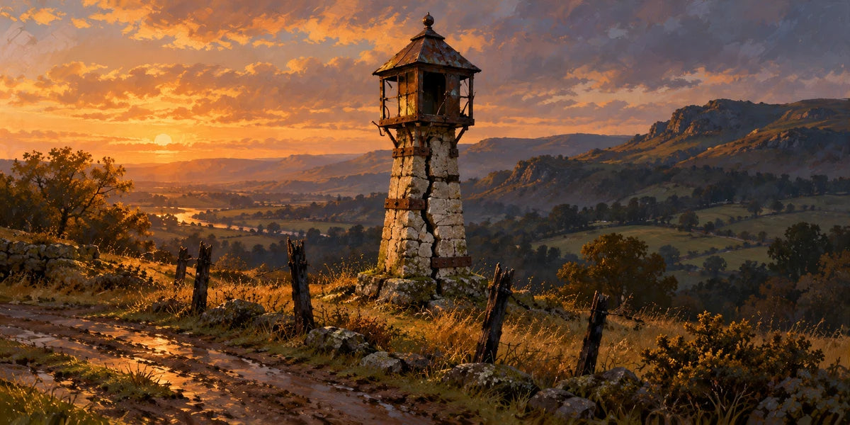 The Split Lantern: an unlit, broken lantern above a visibly cracked stone shaft, with black warning stakes marking the verge near the East Hills.