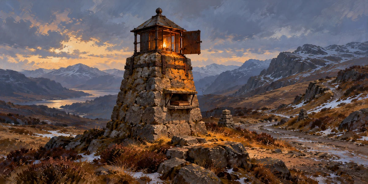 The North Vigil: a sheltered lamp on a stout old stone station beside the Highfold road, with a keeper’s book and a cold mountain pass beyond.