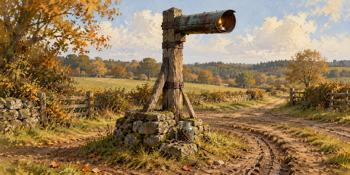 The Southward Lamp: a directional copper hood on a braced oak post beside wagon ruts, with bent nails and a keeper’s jar at its base.
