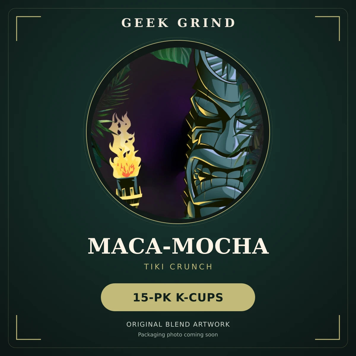 Maca-Mocha Tiki 15-PK. Original blend artwork, not a packaging photo.