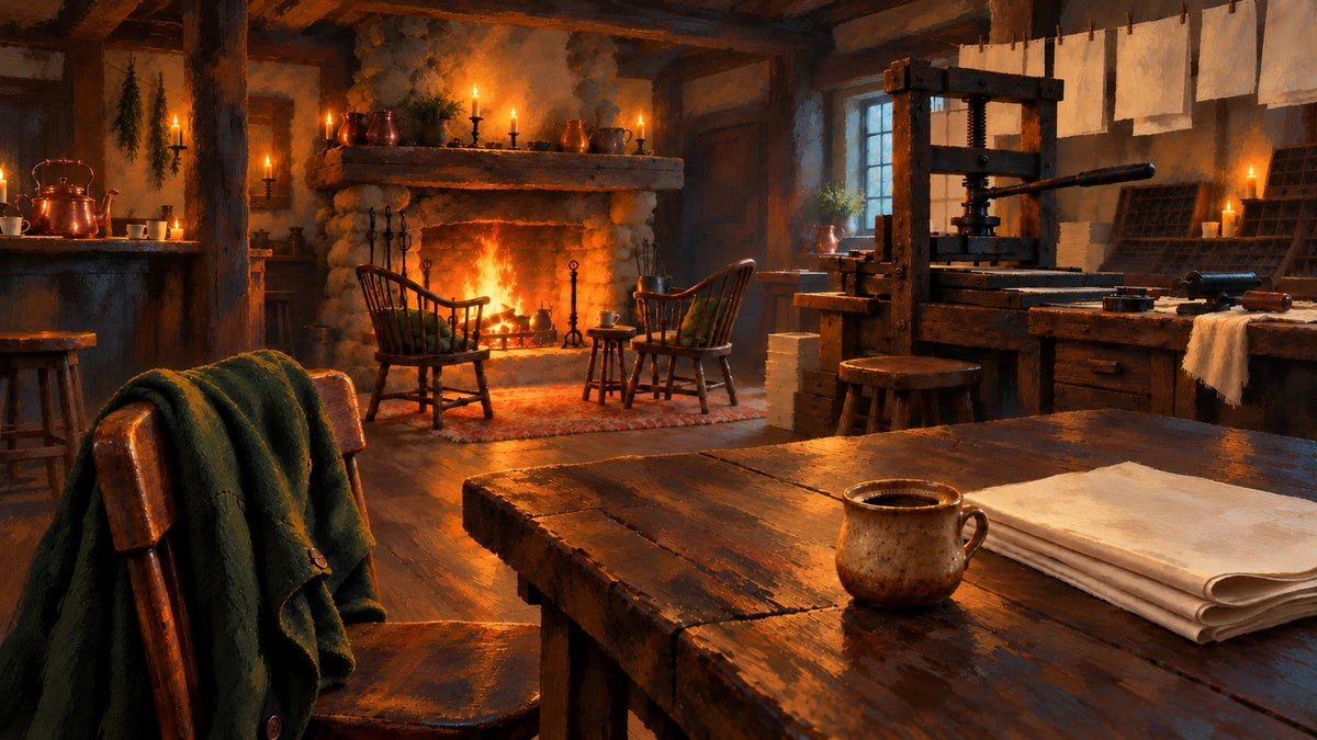 The illustrated Copper Crow tavern and printing press, with a cup and newspapers beside a glowing fireplace